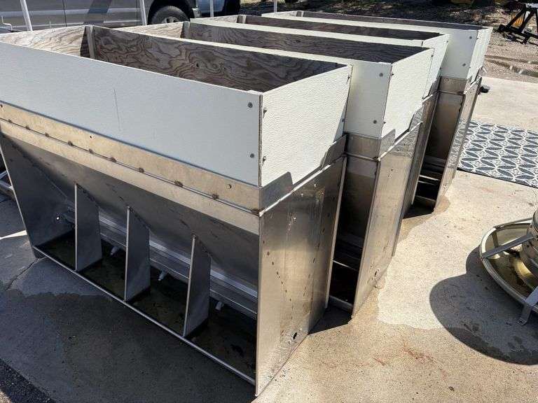 (4) Double Sided Stainless Steel Wet/Dry Pig Feeders, 57” Long