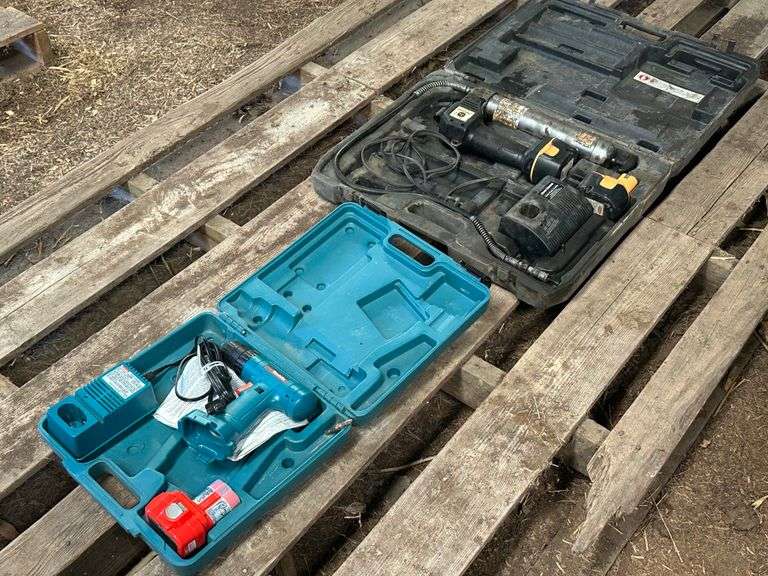 John Deere Grease Gun (Might Need Battery or Charger), Makita Drill and Charger, Battery is Good