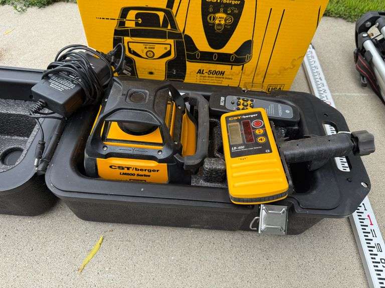 Complete Electronic Self Leveling Rotary Laser with tripod, grade stick, rotary beacon and charger, 