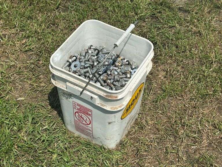 Pail of Nuts, Bolts, and Washers, Various Lengths, Where Left Over Form a Grain Bin, 3/8 and 5/16