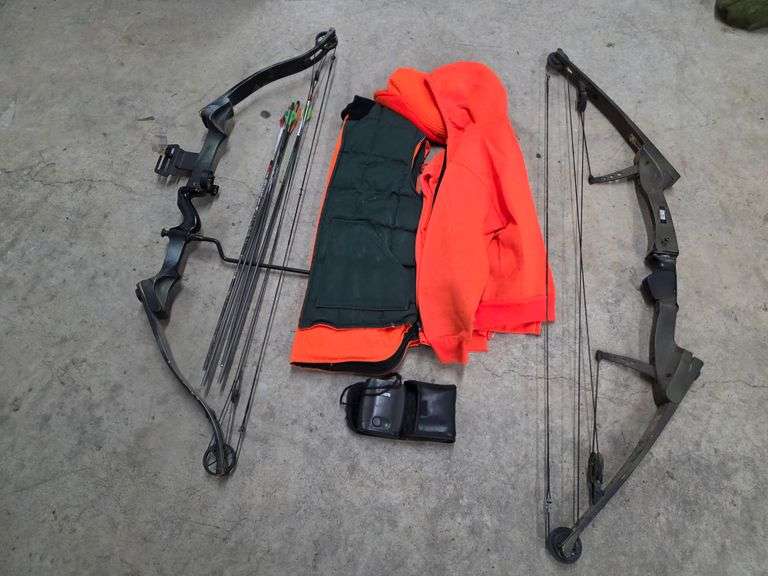 2 Compound Bows, Range Finder, 2 Med/Small Blaze Orange Jackets, 2 Hats and 1 Reversible Vest