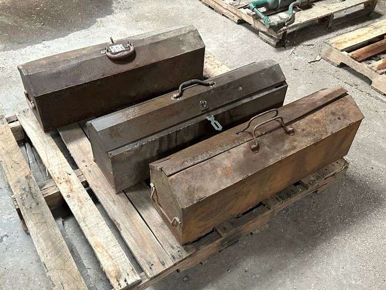 3 Metal Toolboxes, 8 x 32 x 8 with Misc Carpentry Tools, Buying All for One Money
