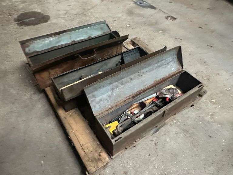 3 Metal Toolboxes, 8 x 32 x 8 with Misc Carpentry Tools, Buying All for One Money