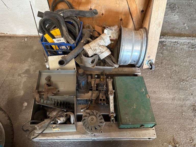 Pallet of Misc Belts, Rims, Jacks, Camping Stove