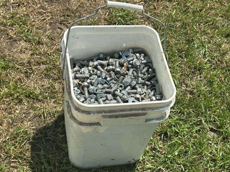 Pail of Nuts, Bolts, and Washers, Various Lengths, Where Left Over Form a Grain Bin, 3/8 and 5/16