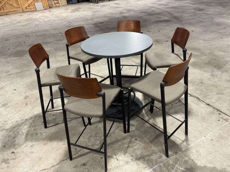Mancave High Top Table, 36” Dia, 42” Tall, Metal Base, with (6) Chairs