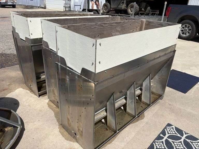 (4) Double Sided Stainless Steel Wet/Dry Pig Feeders, 57” Long