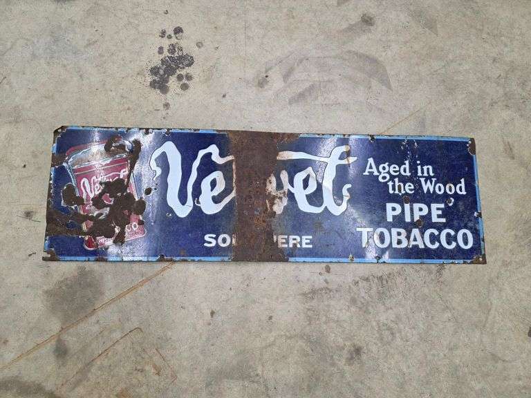 Velvet Pipe Tobacco Single Sided Porcelain Sign, Approx 39” x 12”