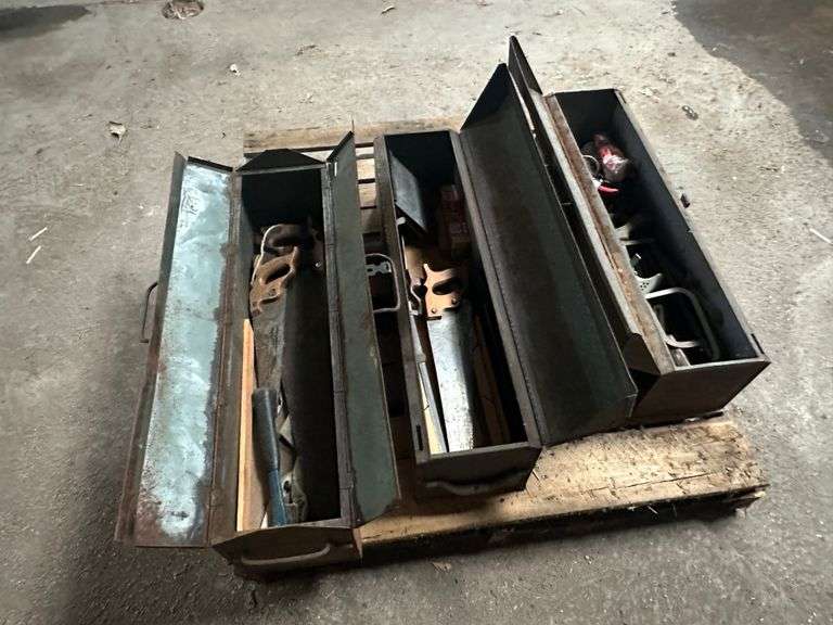 3 Metal Toolboxes, 8 x 32 x 8 with Misc Carpentry Tools, Buying All for One Money