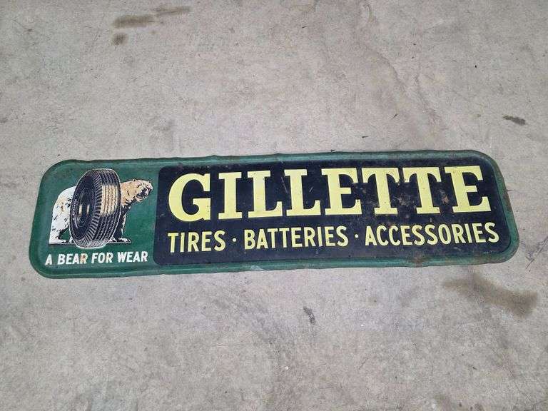 Gillette Tires – Batteries – Accessories Metal Sign, Approx 19” x 72”
