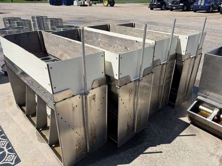 (4) Double Sided Stainless Steel Wet/Dry Pig Feeders, 57” Long