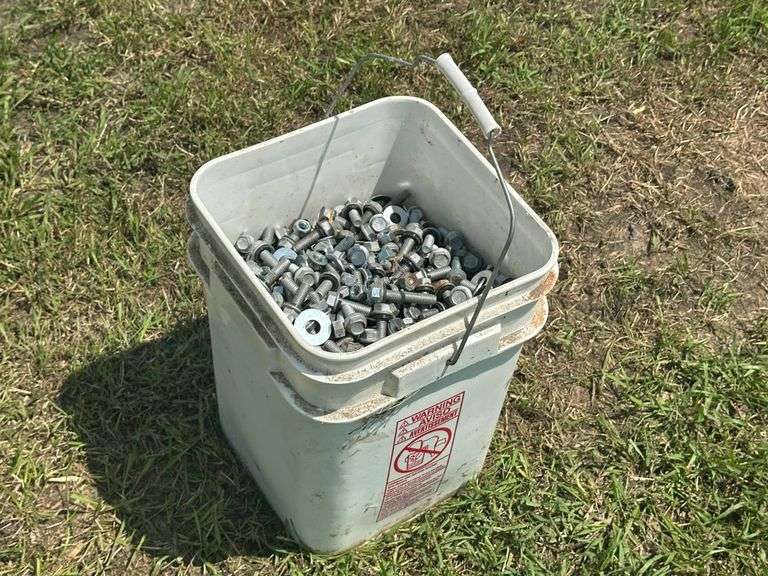 Pail of Nuts, Bolts, and Washers, Various Lengths, Where Left Over Form a Grain Bin, 3/8 and 5/16