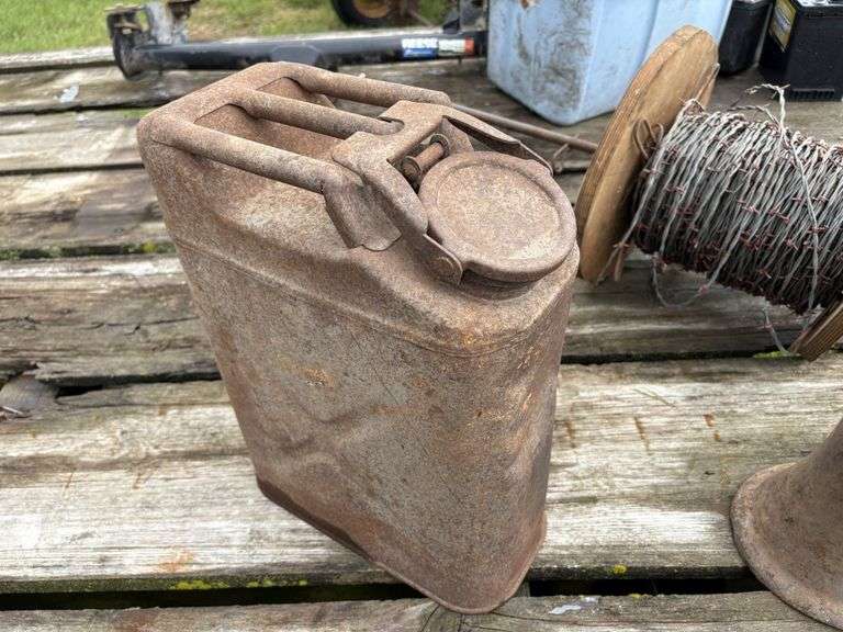 Glass Telephone Wire Insulators, Antique Screw Jack, Metal fuel can, unused barbed wire