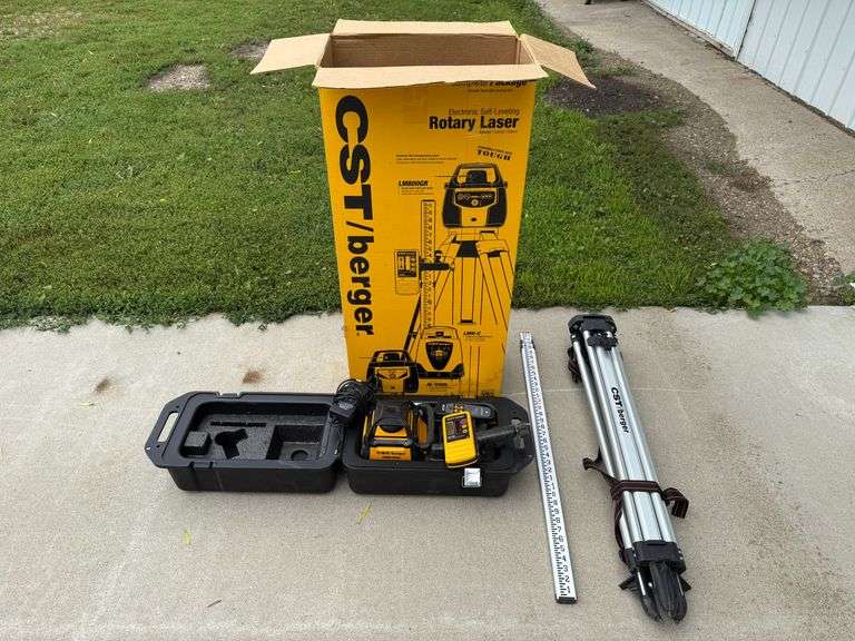 Complete Electronic Self Leveling Rotary Laser with tripod, grade stick, rotary beacon and charger, 