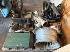 Pallet of Misc Belts, Rims, Jacks, Camping Stove