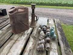 Glass Telephone Wire Insulators, Antique Screw Jack, Metal fuel can, unused barbed wire