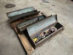 3 Metal Toolboxes, 8 x 32 x 8 with Misc Carpentry Tools, Buying All for One Money