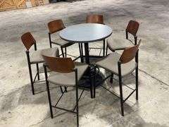 Mancave High Top Table, 36” Dia, 42” Tall, Metal Base, with (6) Chairs