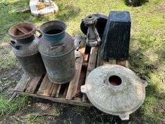 2 Cream Cans and Bird Bath Cement Molds, Buying All for One Money