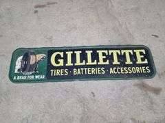 Gillette Tires – Batteries – Accessories Metal Sign, Approx 19” x 72”