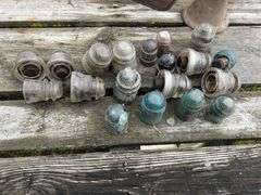 Glass Telephone Wire Insulators, Antique Screw Jack, Metal fuel can, unused barbed wire