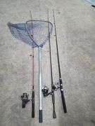 3 Fishing Rod/Reels and Fishing Net