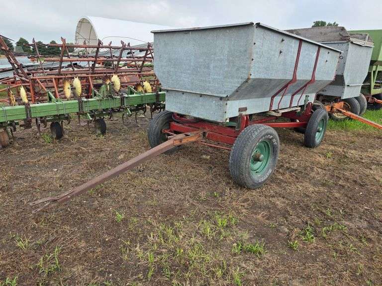 Galvanized Flair Box with Hoist in Working Order, on Running Gear, Wood Floor, 16” Tires on 5 Bolt R