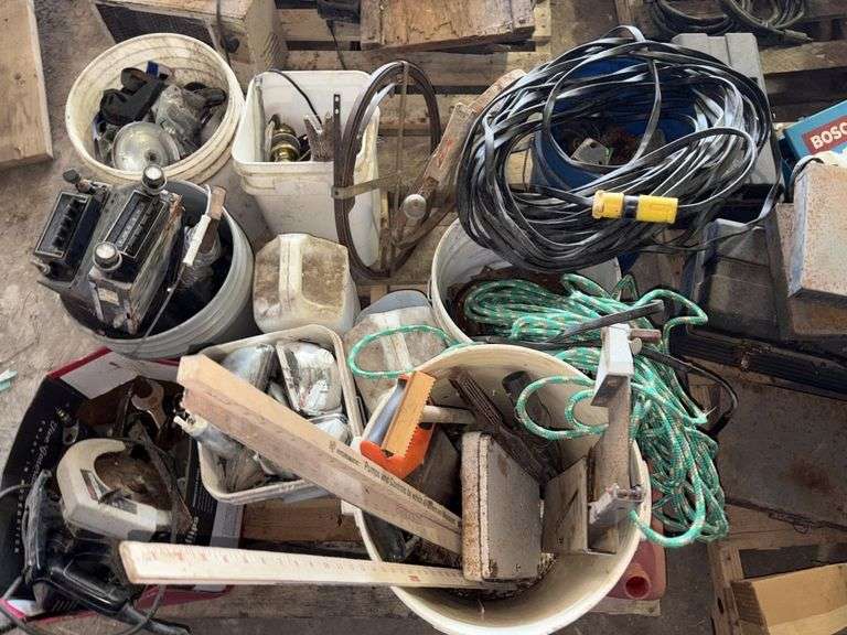 Pallet of: sewer Tapes, Castor Wheels, Wrenches, Saw, Ext Cord, Rope, Hinges, and more, Buying All f