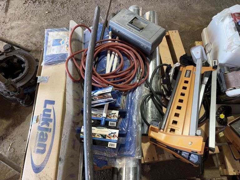 Pallet of: stove piping, Ridgid Table, Brushes, foam pipe insulation , Buying All for One Money