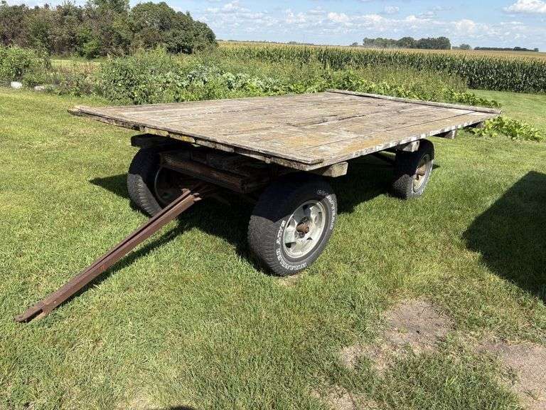 Flat Hay Rack, 94”x13.5’, 2” Wood Deck, on 4 Wheel Gear, 16” Tires, Hoist