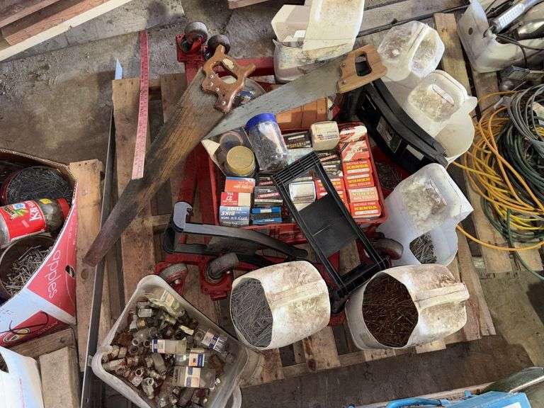 Pallet of: Hyd Fittings, Nails, Dolly Carts, bike tubes, and more, Buying All for One Money
