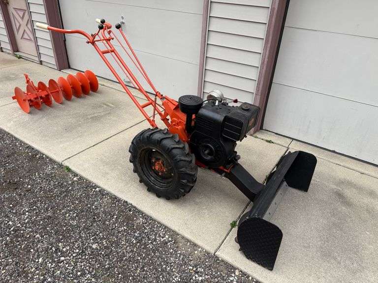 1948 Plow-Trac Walk Behind 5hp Garden Tractor with 36” Dozer Blade, Original 3’ Disk, 6-12 Original 