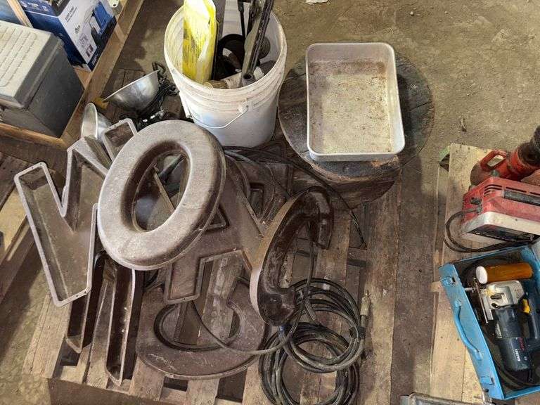 Pallet of: Steel Cable, Lights, Plastic Letters, welder cable, Buying All for One Money