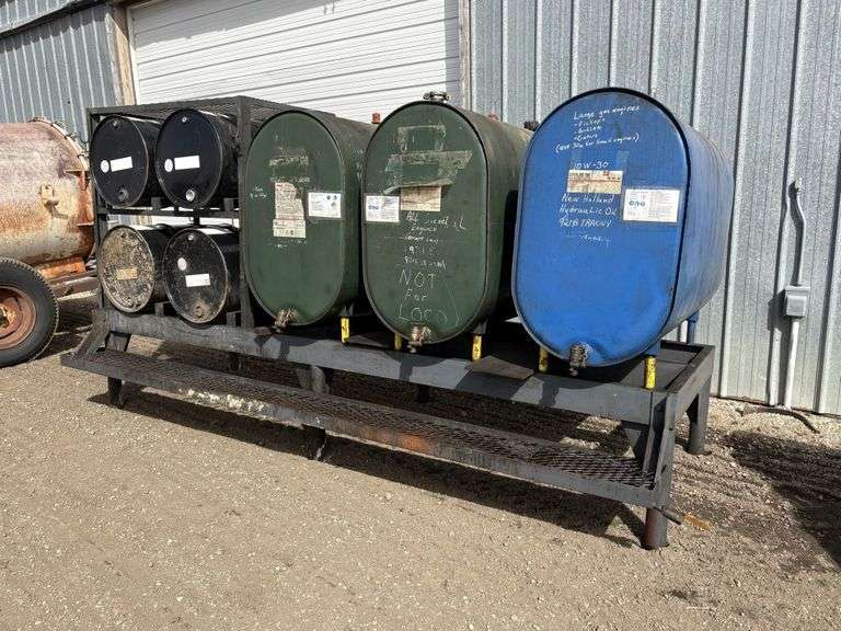 Bulk Oil Rack, with (1) 265 Gal 10-30, Gauge, (1) 265gal 15-40, Gauge ...