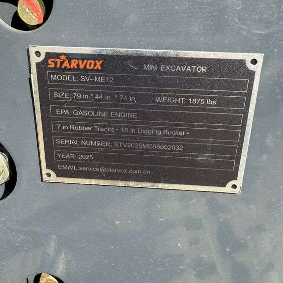 2025 Starvox SV-ME12 1-Ton Mini-Excavator with dozer blade (New/Unused) (Est. Retail Value $17,000).