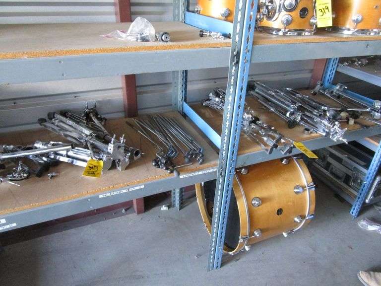 LOT Drum Tom Legs, Stands, Snare Stands, on (2) Shelves