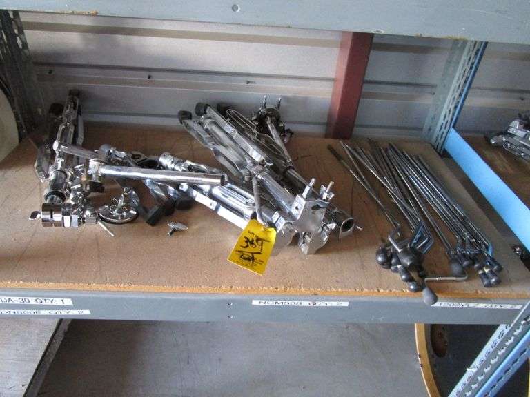 LOT Drum Tom Legs, Stands, Snare Stands, on (2) Shelves