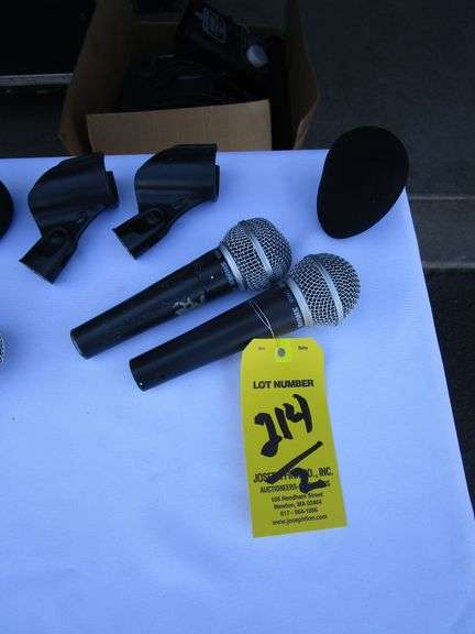 LOT (2) Shure SM58 Microphones, (2) Clip Holders, (1) Mic Sock