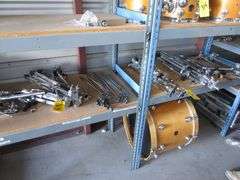 LOT Drum Tom Legs, Stands, Snare Stands, on (2) Shelves