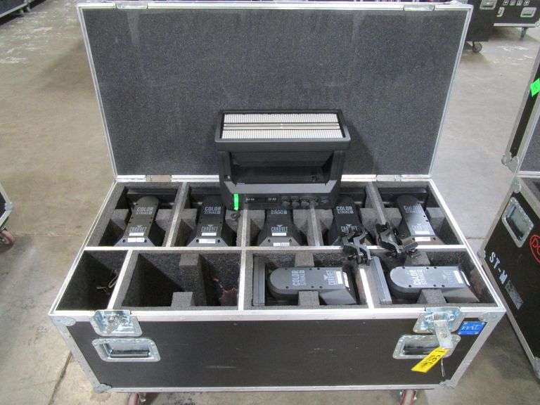 LOT (8) Chauvet Color Strike M Lights, w/ Bracket, Clamps, Safety's, Port. Road Case