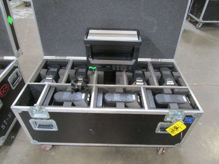 LOT (8) Chauvet Color Strike M Lights, w/ Bracket, Clamps, Safety's, Port. Road Case