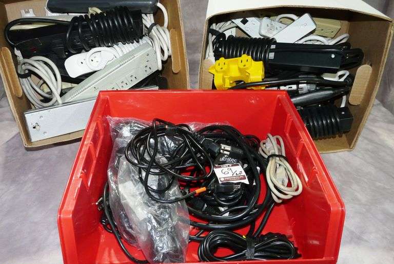 Lot Assorted IEC Power Cables in Bin and Assorted Power Strips in (2) Boxes
