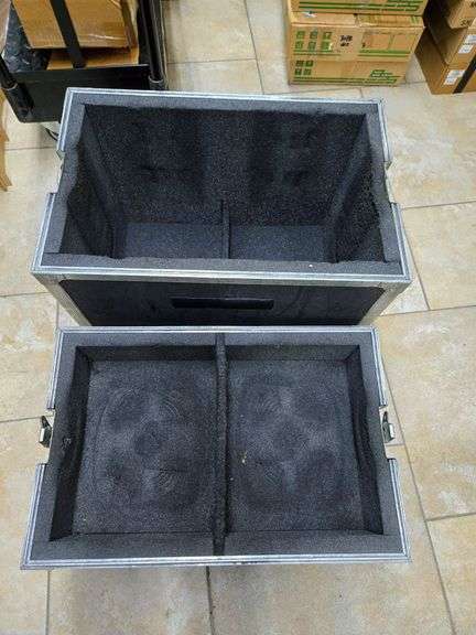 ATA road case for 2 JBL EON510 speakers with casters; Two compartments each 13"x10.5" x 20" high