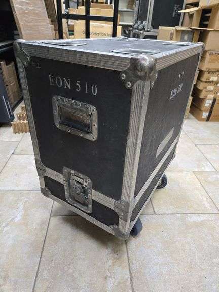 ATA road case for 2 JBL EON510 speakers with casters; Two compartments each 13"x10.5" x 20" high