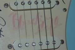 Fender Squire Guitar with Carry Bag and Signatures of Performers from a Tribute Show for Les Paul Se