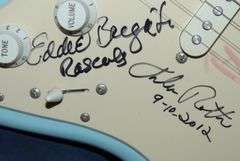 Fender Squire Guitar with Carry Bag and Signatures of Performers from a Tribute Show for Les Paul Se