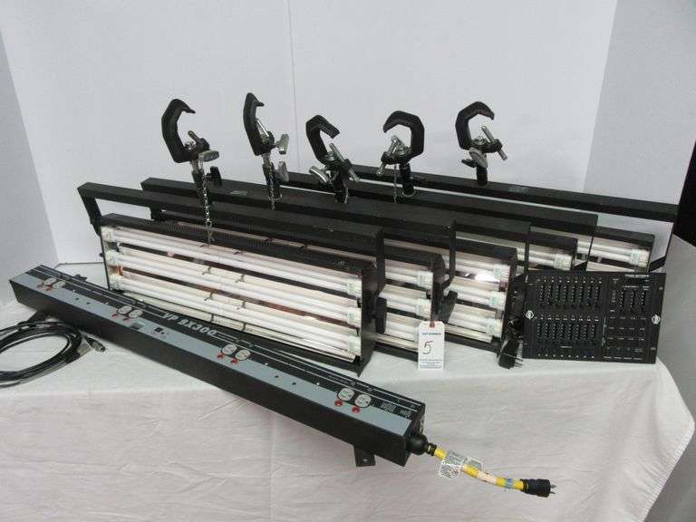 Lot-5-Videssence Zone 234 Fluorescent Lights w/Spuds, Hangers & ADJ Stage Setter 8-CH DMX Controller