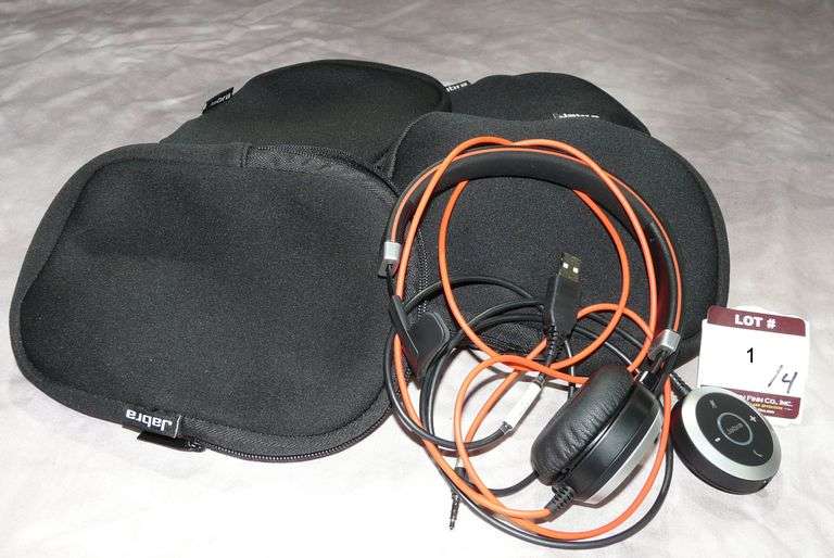 Lot (4) Jabra HSC017 ENC010 Evolve 40 Mono Headset Headphones with Mic; USB Adaptor and Carry Bags