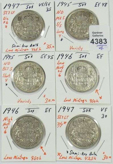 6 CANADIAN SILVER 50-CENT COINS