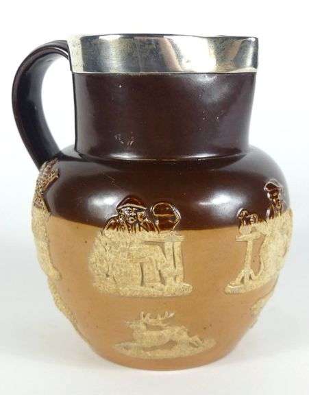 ANTIQUE DOULTON LAMBETH JUG/PITCHER WITH SILVER COLLAR